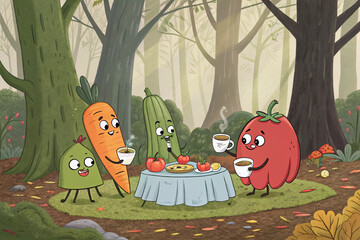 Naklejka premium Halloween pumpkins in the forest with cute animals cartoon