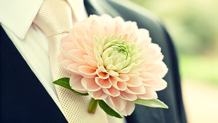 Elegant Pink Dahlia Boutonniere on Groom’s Lapel with Ivory Tie and Dark Suit.