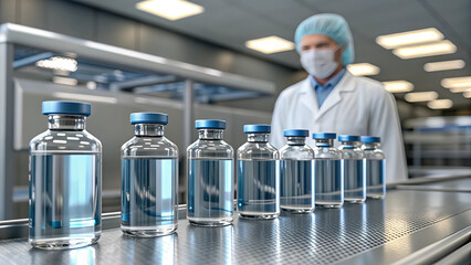  Pharmaceutical Bottles on Conveyor Belt in Sterile Laboratory with Masked Technician.