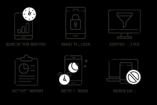 Digital wellness tools: screen time monitor, parental lock, content filter icons