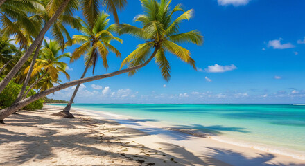A tropical beach with palm trees casting shadows on the white sand and turquoise ocean water view
