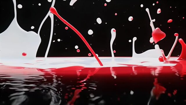 A milky white wave gushes from screen left while vivid crimson liquid floods from opposite edge two viscous streams merging hypnotic slow motion before draining away this alpha ready horizontal k