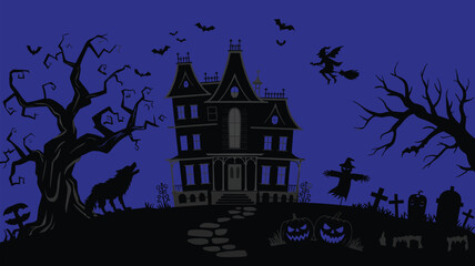 Silhouette Halloween Elements Vector Pack – Haunted House, Flying Witch, Pumpkin Faces, Black Cats, Ghosts, and Bats for Scary Night Design and Holiday Graphic Illustration

