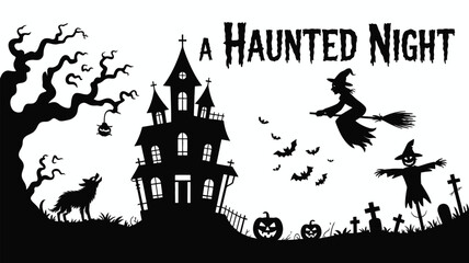 Halloween Silhouettes Vector Set – Witch, Pumpkin, Bat, Cat, Ghost, and Tree Silhouettes in Dark Style for Night Party Themes, Decorations, and Holiday Designs