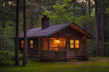 Cozy wooden cabin with glowing lights in autumn forest at twilight, creating warm, peaceful, and mysterious atmosphere for retreat or solitude
