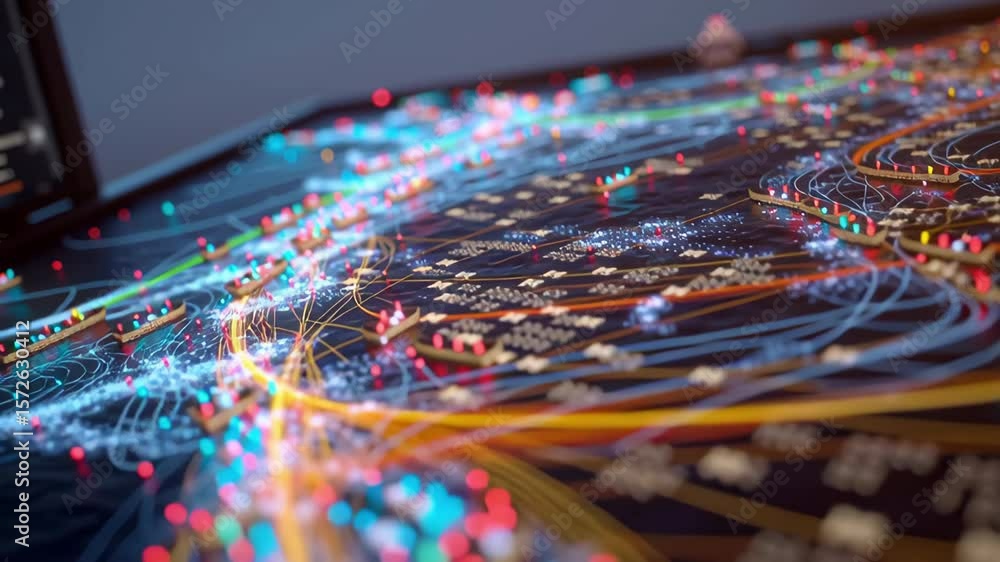 Poster intricate lines and vibrant colors illustrate complex data networks on a digital interface, showcasi