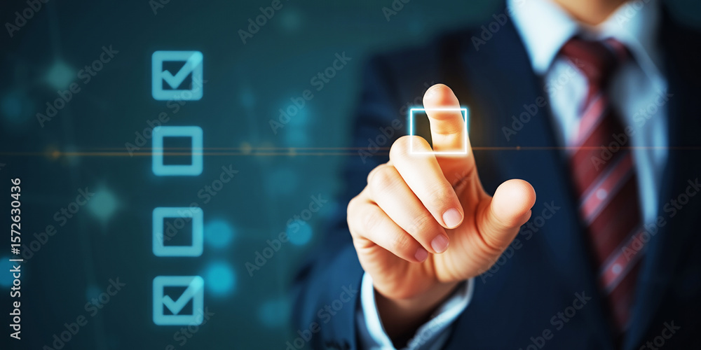 Poster a businessman selecting an option from a digital checklist with a blue background on transparent bac