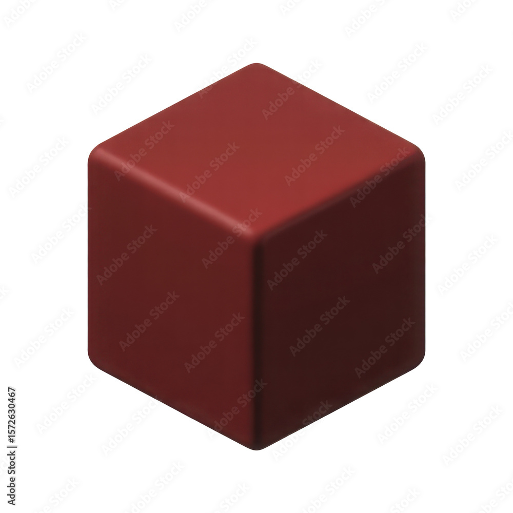 Poster a single three dimensional geometric cube with rounded edges in a deep red color isolated on transpa