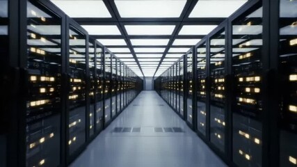 Perspective view down a long hallway of server racks with glowing lights in a modern data center. - Powered by Adobe
