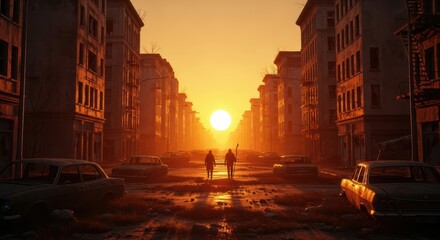 Two figures walk down a desolate street toward a bright, setting sun.