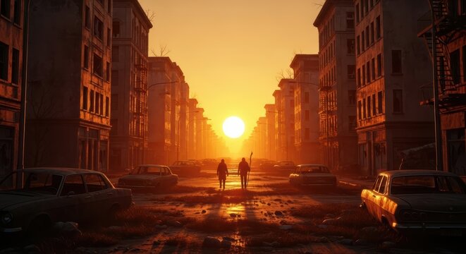 Two figures walk down a desolate street toward a bright, setting sun. - Powered by Adobe