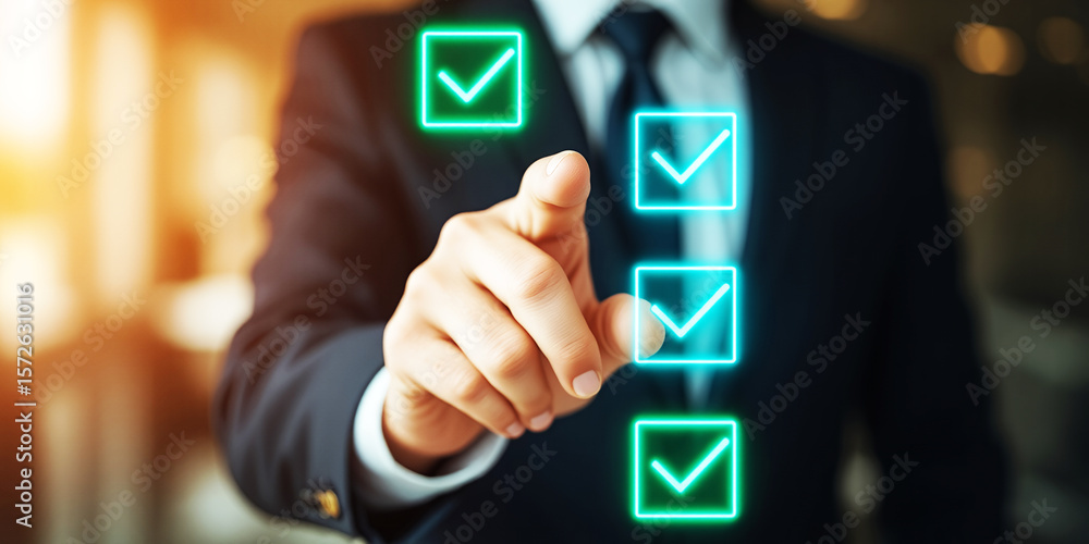Poster a person in a suit pointing at glowing checkmarks floating in the air in front of them on transparen