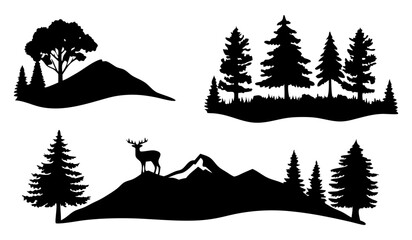 Set of vector mountain silhouettes and vintage hill peak outlines. Perfect for forest, adventure, and outdoor nature scenes. Clean black shapes on transparent background for versatile design use.