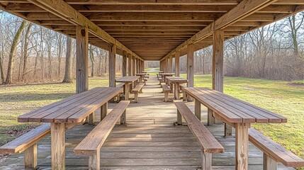 Picnic shelter, long rows of tables. Trees visible