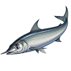 Realistic Illustration of a Needlefish with Sleek Silver Body and Distinctive Snout, Side View Isolated on a png Background