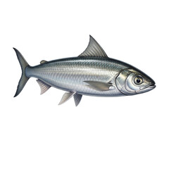 Fototapeta premium Fresh Mackerel Fish with Iridescent Silver and Blue Stripes, Side View Isolated on a Pure png Background for Seafood and Culinary Themes.
