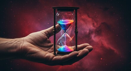 Hand holding hourglass with sand flowing upward – surreal concept
