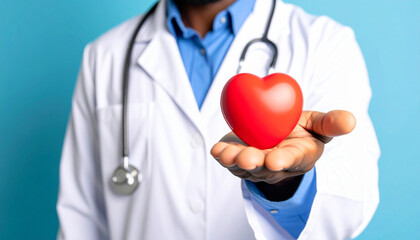 Un doctor hombre con bata blanca y estetoscopio con un corazón rojo en la mano en concepto de medicina general o seguro medico y atención sanitaria