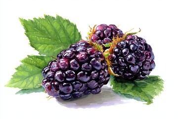 Blackberry Water Color. Ripe Blackberries and Green Leaves Hand Drawn in Watercolor Isolated on White Background
