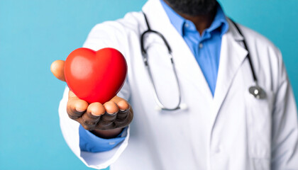 Un doctor hombre con bata blanca y estetoscopio con un corazón rojo en la mano en concepto de medicina general o seguro medico y atención sanitaria