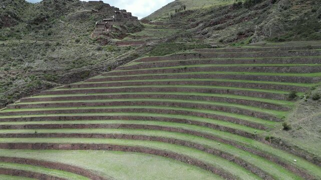 Aerial view of agricultural terraces in scenic landscape, Peru.