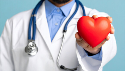Un doctor hombre con bata blanca y estetoscopio con un corazón rojo en la mano en concepto de medicina general o seguro medico y atención sanitaria