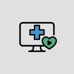 Fototapeta premium Minimalist Icon Design Featuring a Computer Monitor Displaying a Blue Medical Cross and a Green Heart with a Play Symbol