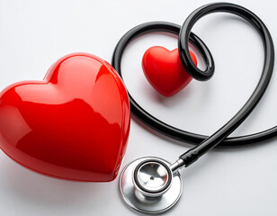 Un estetoscopio y un corazón grande y otro pequeño sobre un fondo blanco en concepto de seguro de salud y cuidados medicos o medicina general