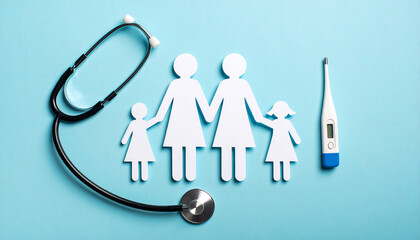 Una familia de papel blanco junto a un estetoscopio y un termómetro en concepto de medicina general o seguro medico sobre un fondo azul
