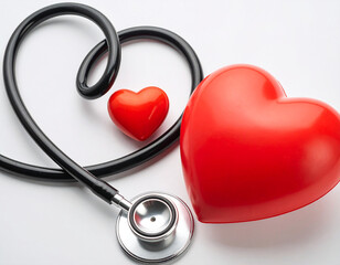 Un estetoscopio y un corazón grande y otro pequeño sobre un fondo blanco en concepto de seguro de salud y cuidados medicos o medicina general