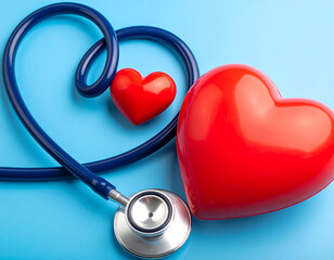 Un estetoscopio y un corazón grande y otro pequeño sobre un fondo azul en concepto de seguro de salud y cuidados medicos o medicina general