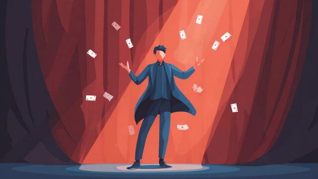 Magician performing a card trick on a vibrant stage.
