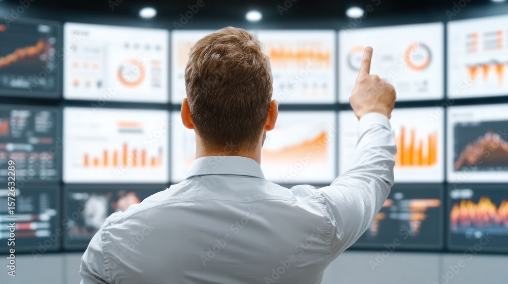 Poster data analysis expert at work: a focused professional stands before a wall of screens displaying intr