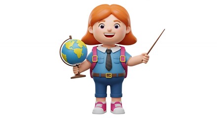 Cartoon girl student with globe and pointer