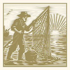  Heavy lined effect vibrant color postal stamp vector illustration of a fisherman pulling in a net on a lake, detailed fishing scene, outdoor nature activity, traditional fishing art design