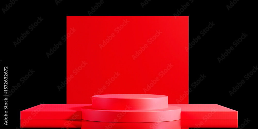 Aufkleber a red presentation stage with a square backdrop against a black studio background on transparent bac