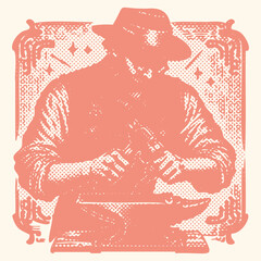  Vibrant pink halftone effect postal stamp vector of a skilled blacksmith wearing a hat and glasses, hammering glowing hot metal with anvil, craftsmanship, industrial artisan concept illustration