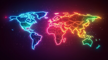 Vibrant Neon World Map: Global Connectivity and Digital Information Flow on a Dark Background