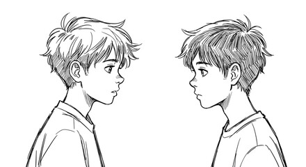 Two boys looking at each other with confusion on white background