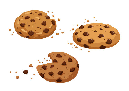Three chocolate chip cookies two whole and one bitten scattered on a white background