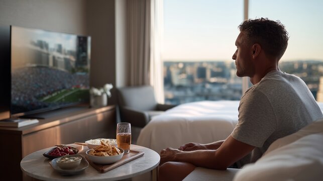 Watching sports in a hotel room during the sunset with snacks and drinks nearby