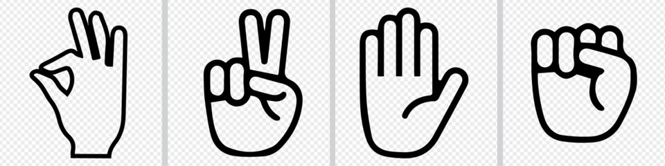 Hand gestures icons set. Rock, scissors, paper, ok icons. Hand Icon with Long Shadow. hand drawn illustration. 