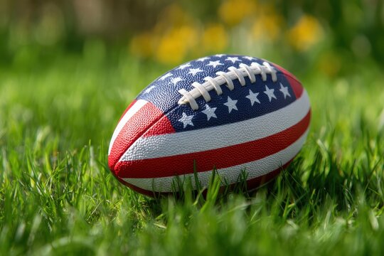 American Football Red White. Rugby Ball with Stars and Stripes on Green Grass Field