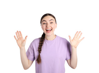 Portrait of surprised woman on white background