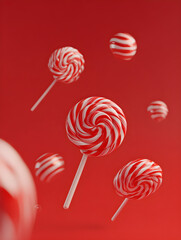 Red and White Swirl Lollipop – Festive Candy Isolated on Red Background, Close-Up Studio Shot