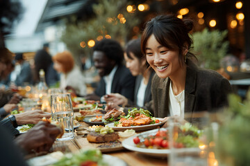 A group of people eating sitting outdoors