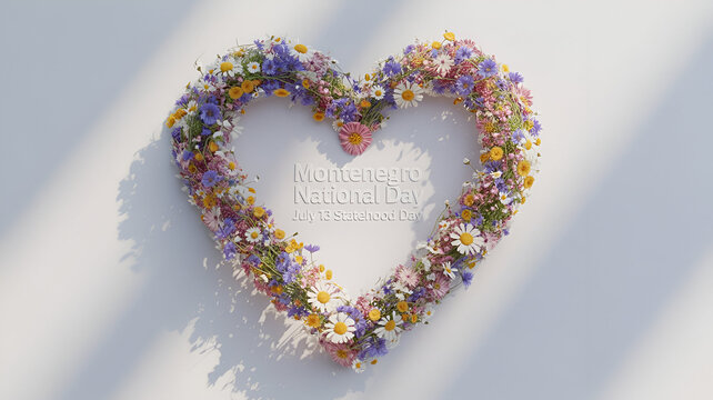 Montenegro National Statehood Day. Heart shape made out of flowers on white background