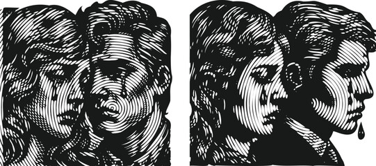  Heavy lined effect black vector bundle featuring a couple face with a single tear rolling down, emotional portrait illustration, expressive design, modern art style, digital drawing