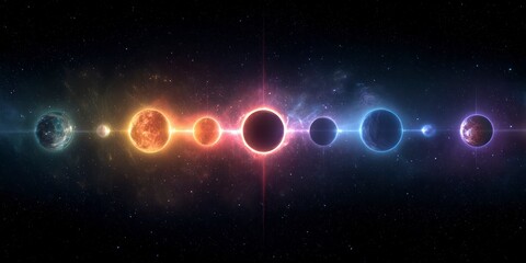 Planetary alignment across a cosmic background showcasing vibrant colors in a celestial display