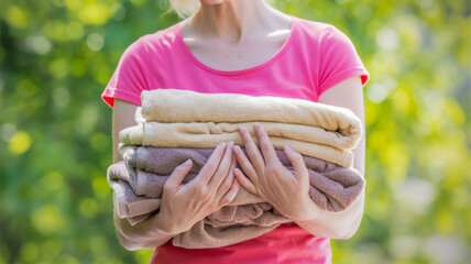 A close-up photograph of hands holding a stack of neatly folded beige and brown towels against a blurred green natural background.